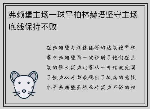 弗赖堡主场一球平柏林赫塔坚守主场底线保持不败