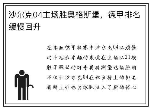 沙尔克04主场胜奥格斯堡，德甲排名缓慢回升